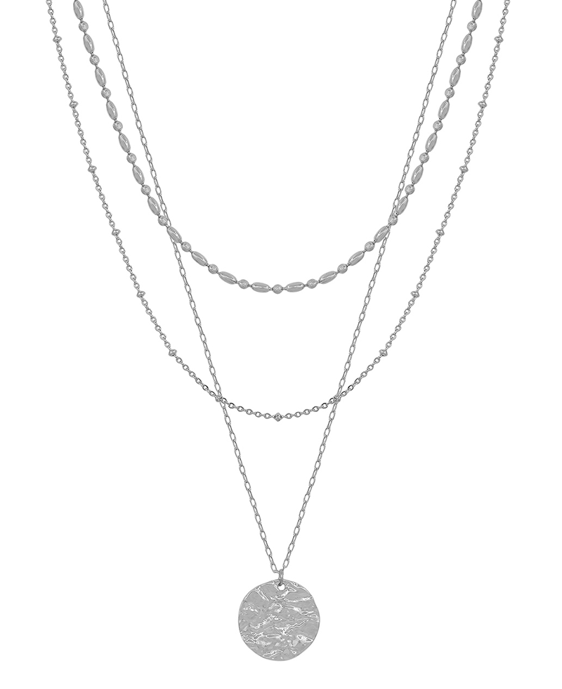 Layered Thin Oval Texture Chain w/ Coin Pendant Short Necklace