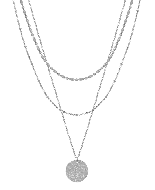 Layered Thin Oval Texture Chain w/ Coin Pendant Short Necklace