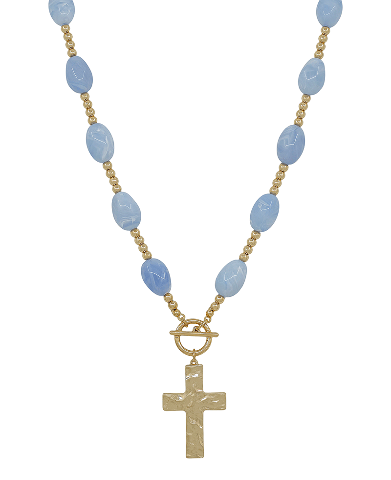 Cross Pendant Oval Resin & Metal Ball Short Necklace