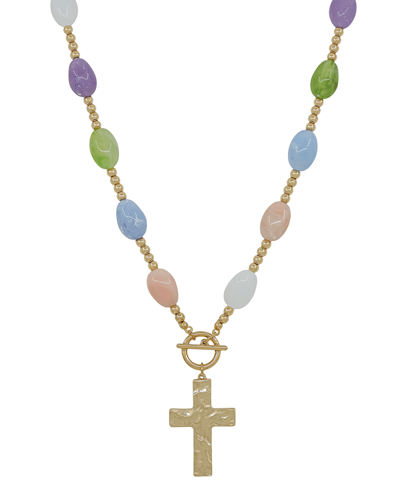 Cross Pendant Oval Resin & Metal Ball Short Necklace