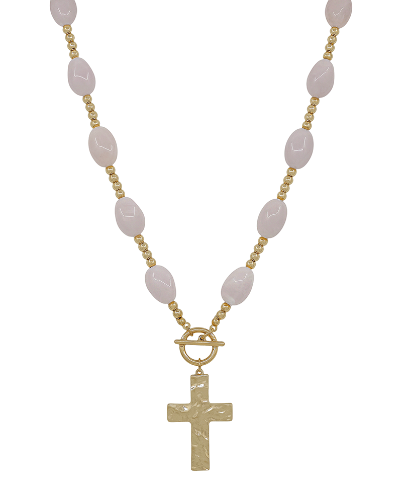 Cross Pendant Oval Resin & Metal Ball Short Necklace