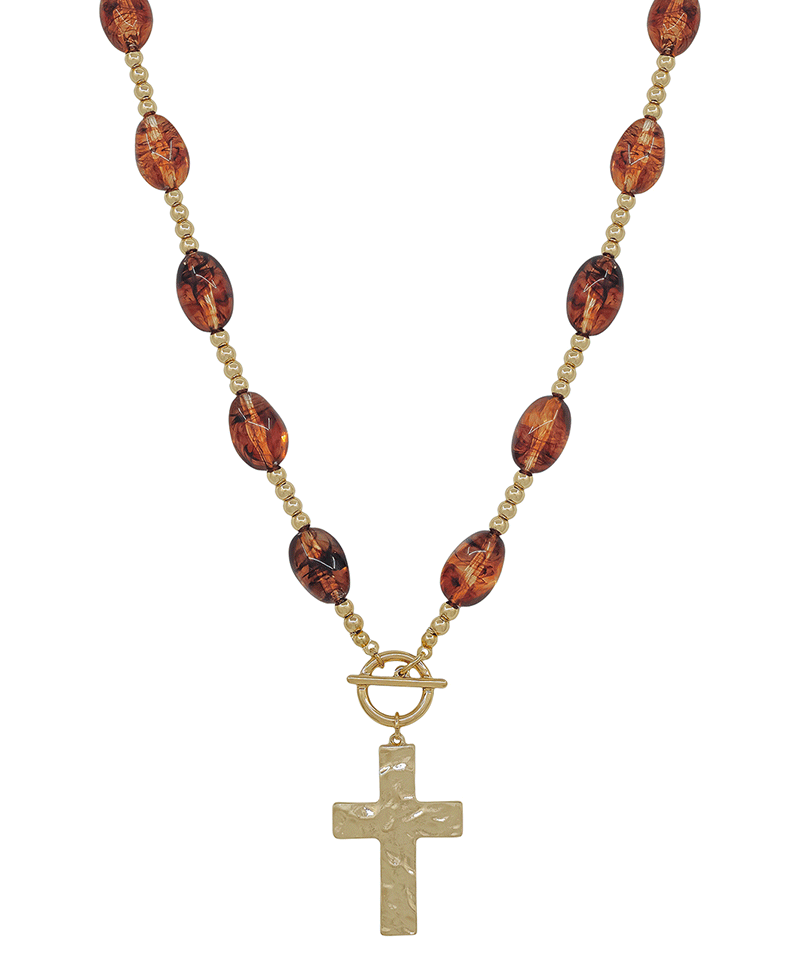 Cross Pendant Oval Resin & Metal Ball Short Necklace