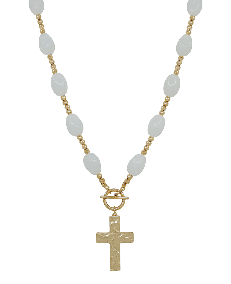Cross Pendant Oval Resin & Metal Ball Short Necklace