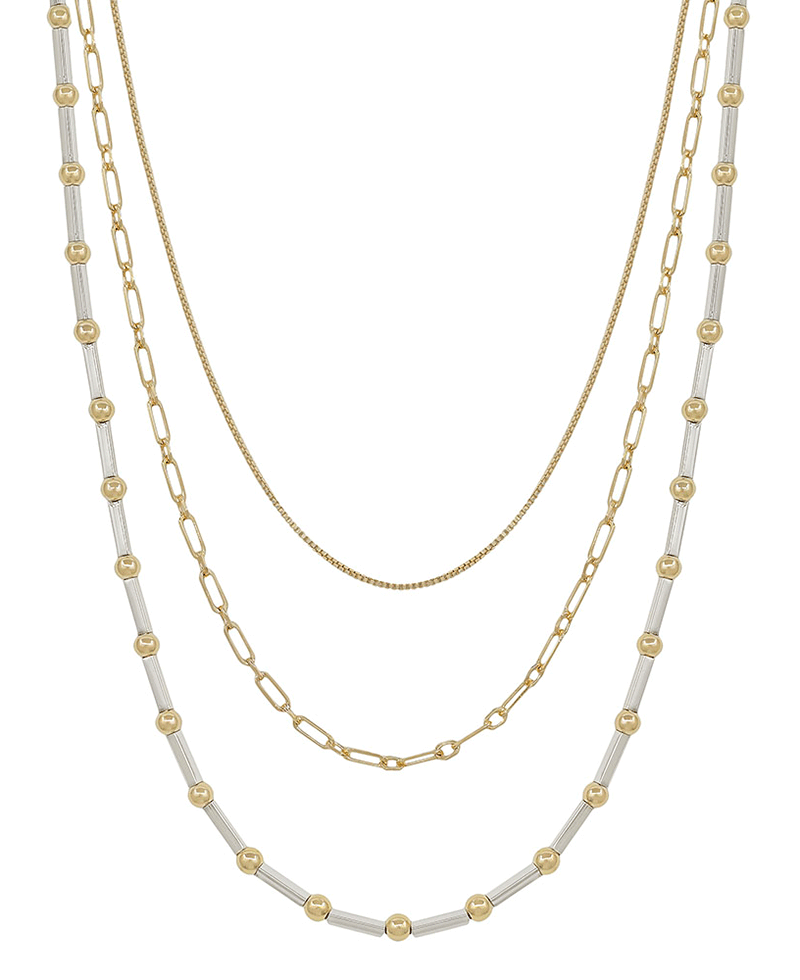3 Layered CCB & Metal Bar & Chain Short Necklace