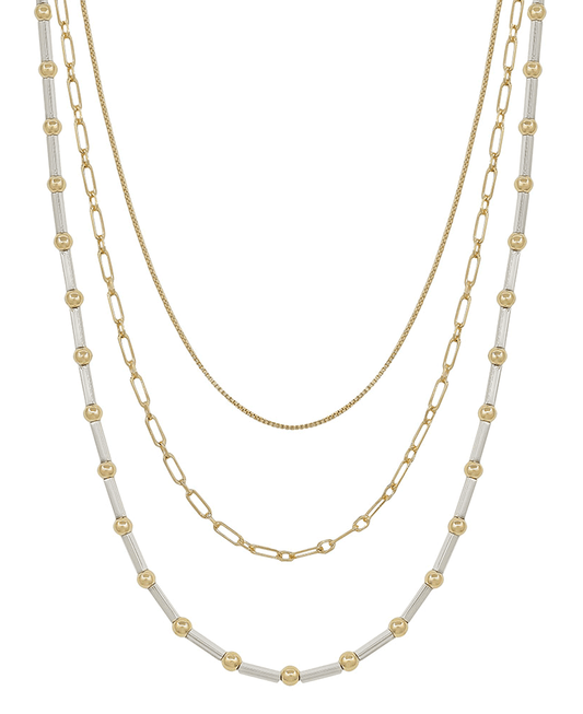 3 Layered CCB & Metal Bar & Chain Short Necklace