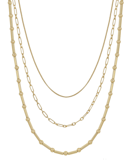 3 Layered CCB & Metal Bar & Chain Short Necklace