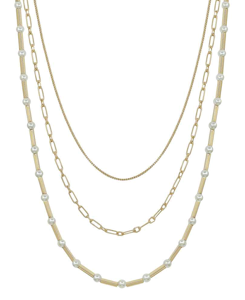 3 Layered Pearl & Metal Bar & Chain Short Necklace