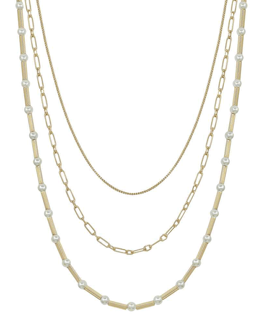 3 Layered Pearl & Metal Bar & Chain Short Necklace