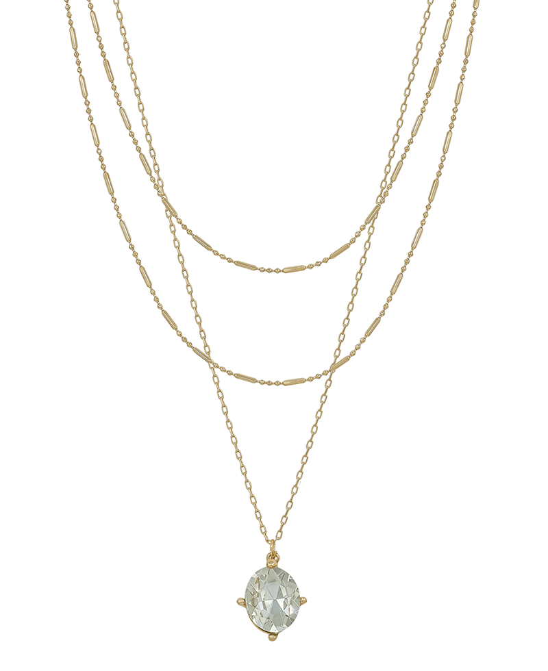 Oval Crystal Pendant 3 Layered Short Necklace