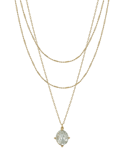 Oval Crystal Pendant 3 Layered Short Necklace