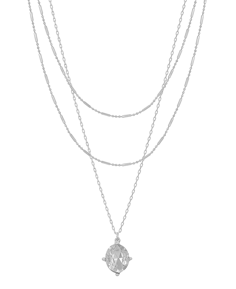 Oval Crystal Pendant 3 Layered Short Necklace