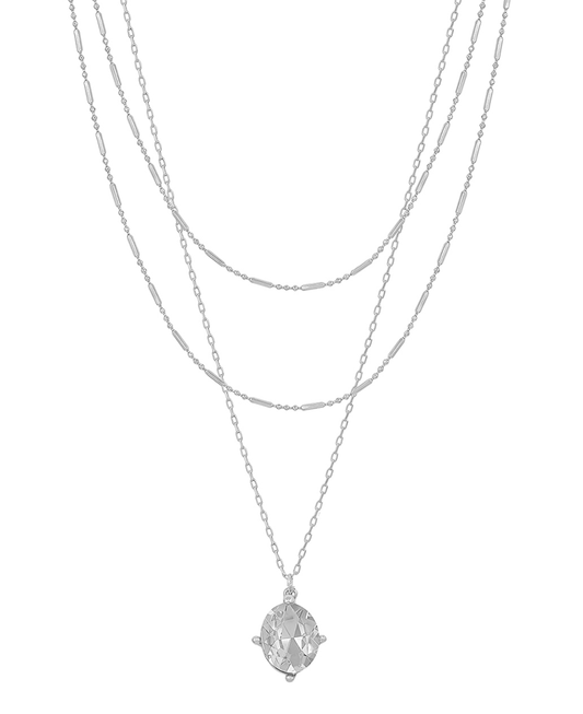 Oval Crystal Pendant 3 Layered Short Necklace
