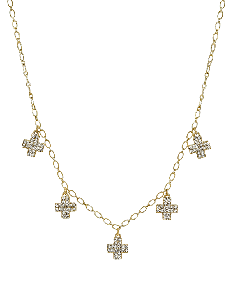 Small Paved Cross Charms Chain Short Necklace