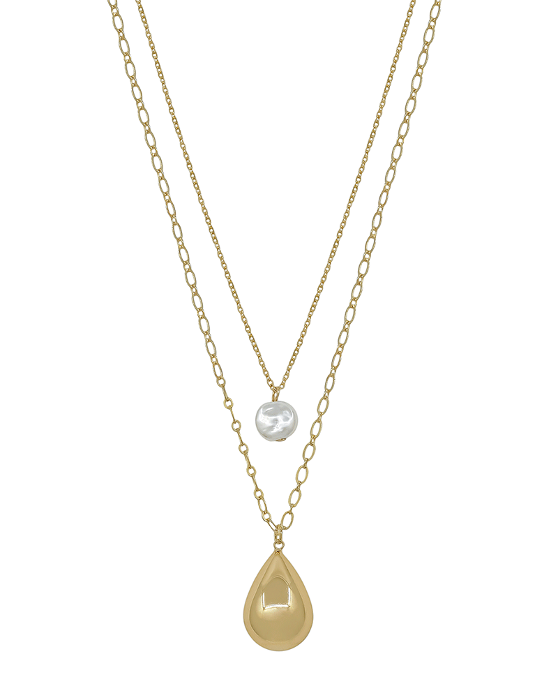 Layered 8mm Coin Pearl & Teardrop Pendant Short Necklace