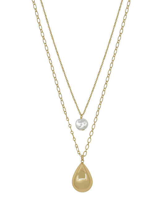 Layered 8mm Coin Pearl & Teardrop Pendant Short Necklace