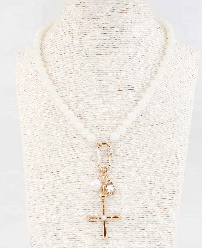 Cross w/ Charms Stone Beaded Necklace