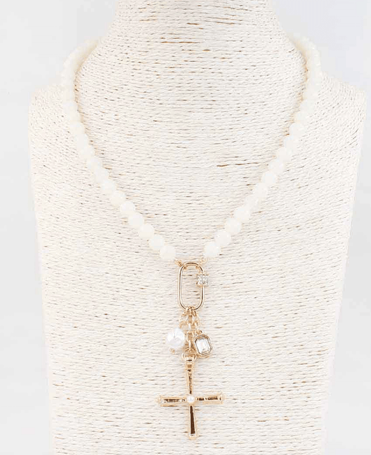 Cross w/ Charms Stone Beaded Necklace