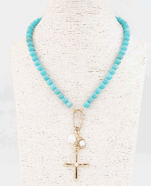 Cross w/ Charms Stone Beaded Necklace