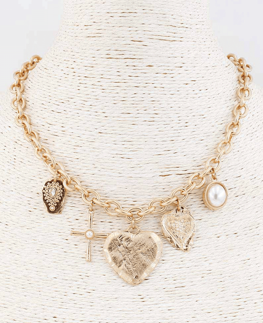 Heart & Cross Multi Charm Link Chain Necklace