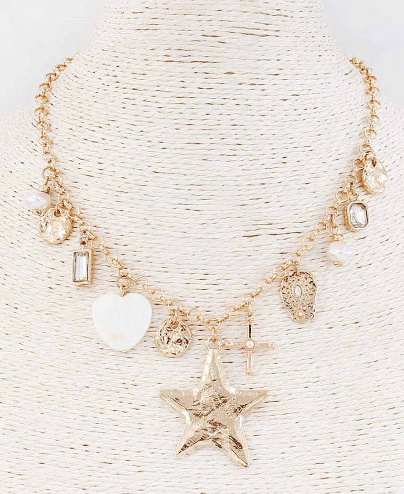 Textured Starfish w/ Multi Charm Chain Necklace