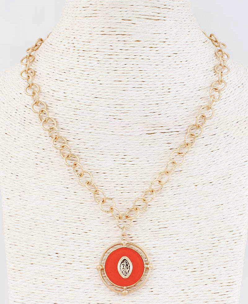 Emblemed Round Pendant Link Chain Necklace