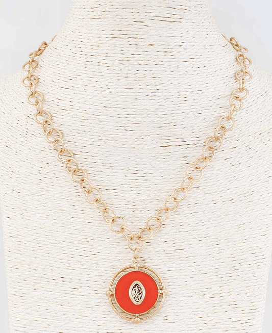 Emblemed Round Pendant Link Chain Necklace