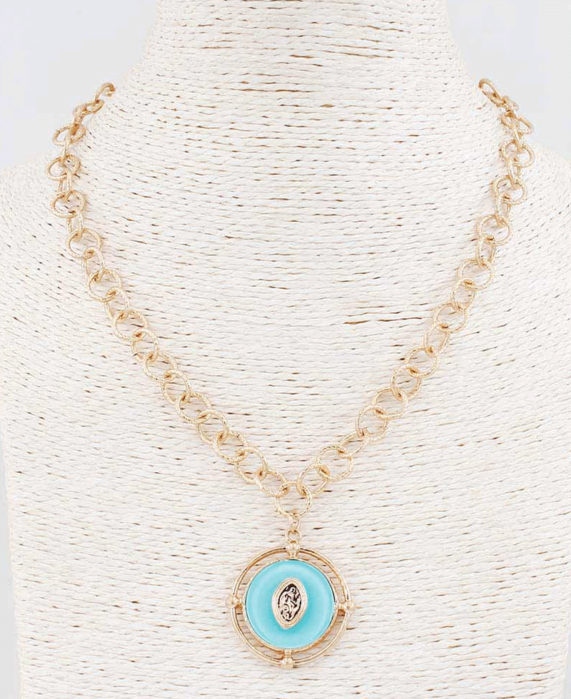 Emblemed Round Pendant Link Chain Necklace