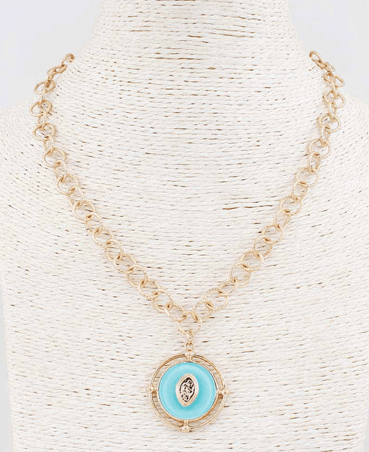 Emblemed Round Pendant Link Chain Necklace
