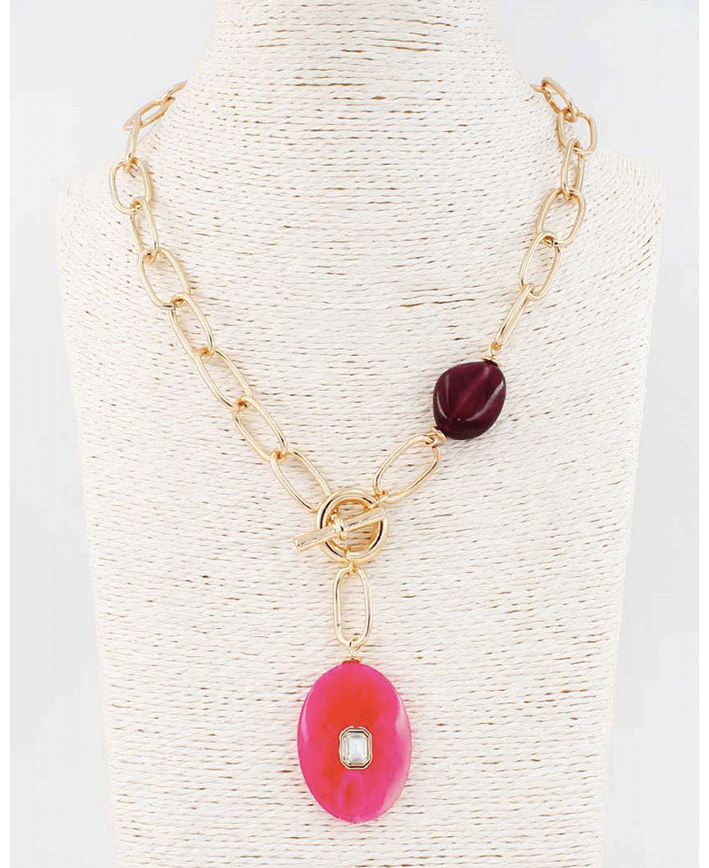 Chunky Oval Link w/ Marble Oval Pendant Necklace