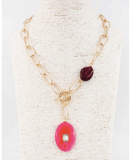 Chunky Oval Link w/ Marble Oval Pendant Necklace