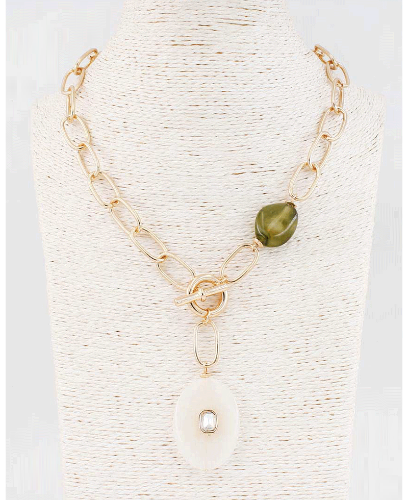 Chunky Oval Link w/ Marble Oval Pendant Necklace