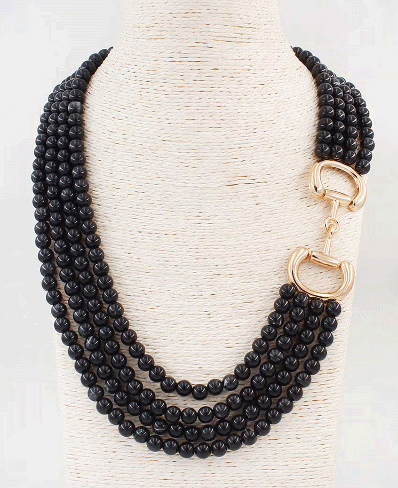Multi Strand Stone Beaded w/ Horsebit Clasp Necklace