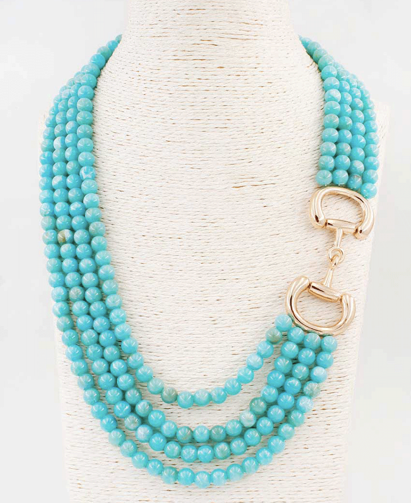 Multi Strand Stone Beaded w/ Horsebit Clasp Necklace