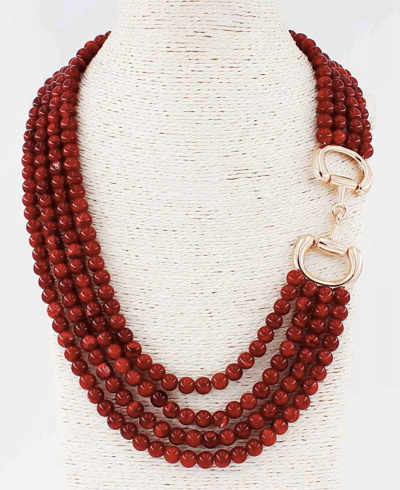Multi Strand Stone Beaded w/ Horsebit Clasp Necklace