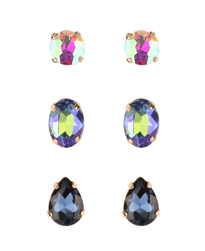 Multi Shape Rhinestone 3 Pair Earring