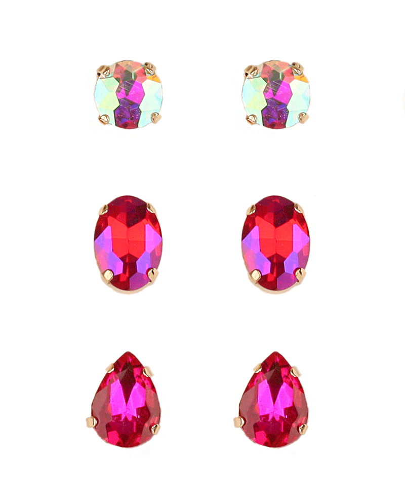 Multi Shape Rhinestone 3 Pair Earring