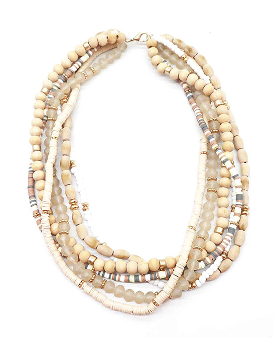 Heishi & Glass & Wood Beads Necklace