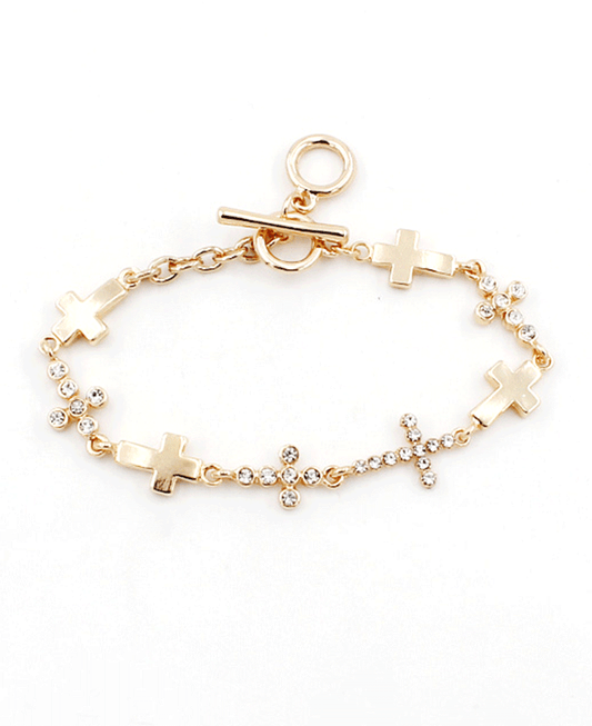 Brushed & Crystal Cross Toggle Bracelet