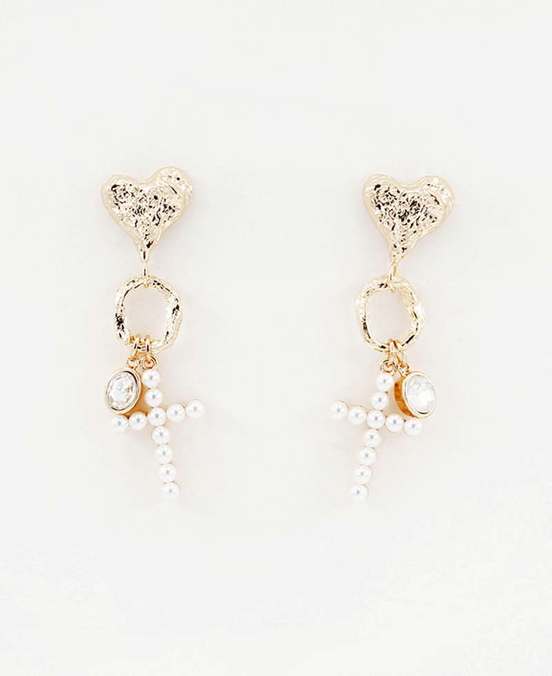 Cross Drop Heart Post Earring