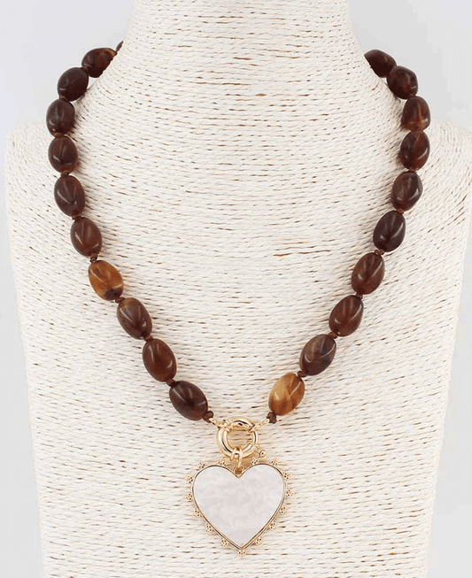 Oval Resin Bead w/ Heart Pendant Necklace