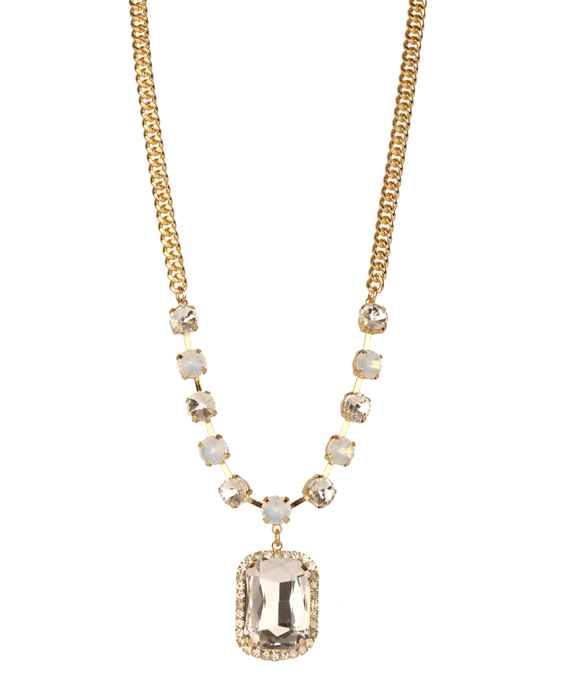 Epoxy Stone Accent Rhinestone Link Necklace - 16"