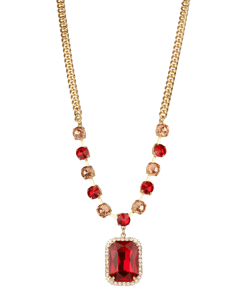 Epoxy Stone Accent Rhinestone Link Necklace - 16"