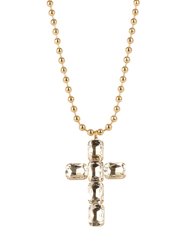 Rhinestone Cross Ball Chain Necklace - 16"