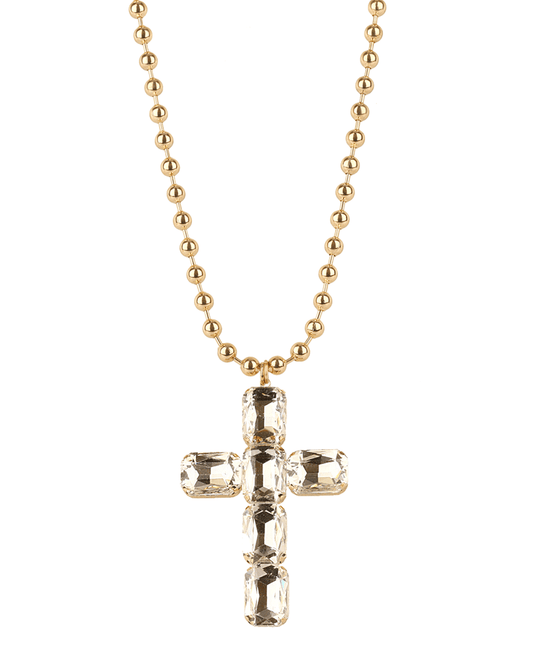 Rhinestone Cross Ball Chain Necklace - 16"