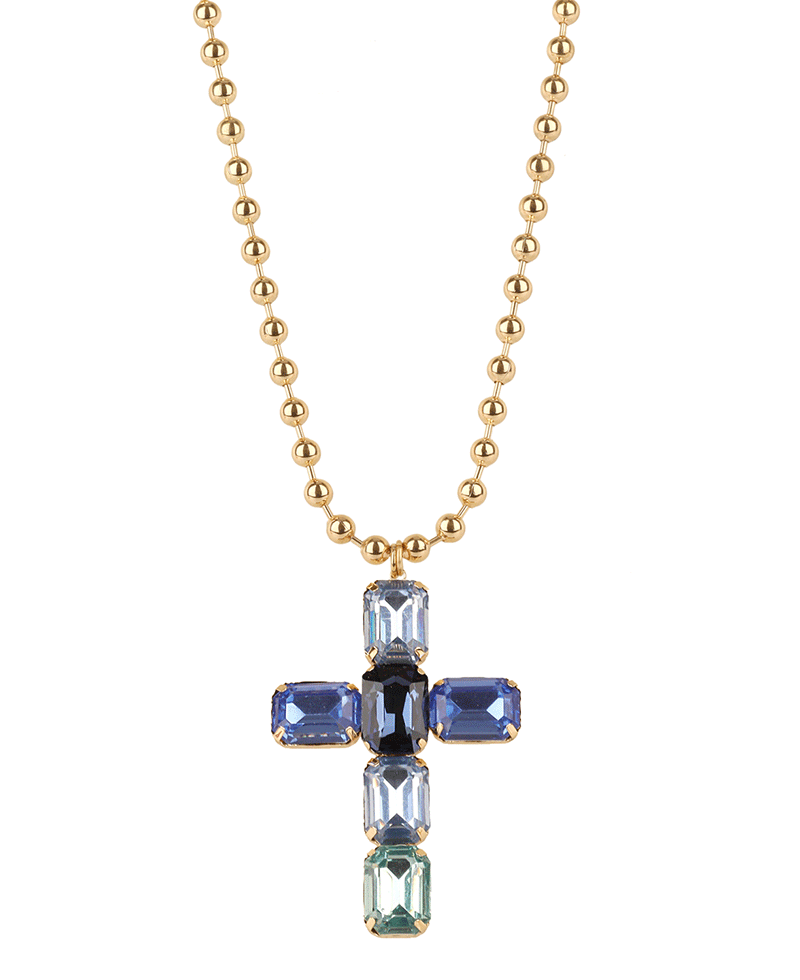 Rhinestone Cross Ball Chain Necklace - 16"