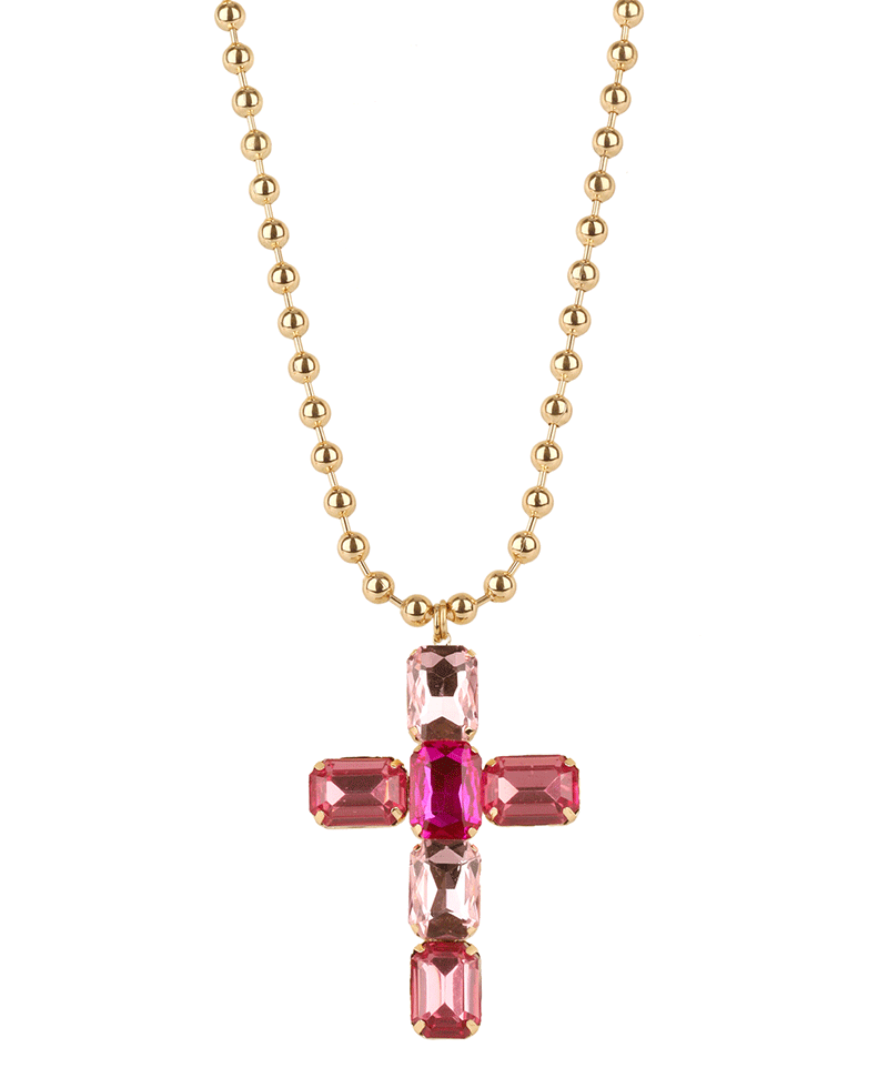 Rhinestone Cross Ball Chain Necklace - 16"