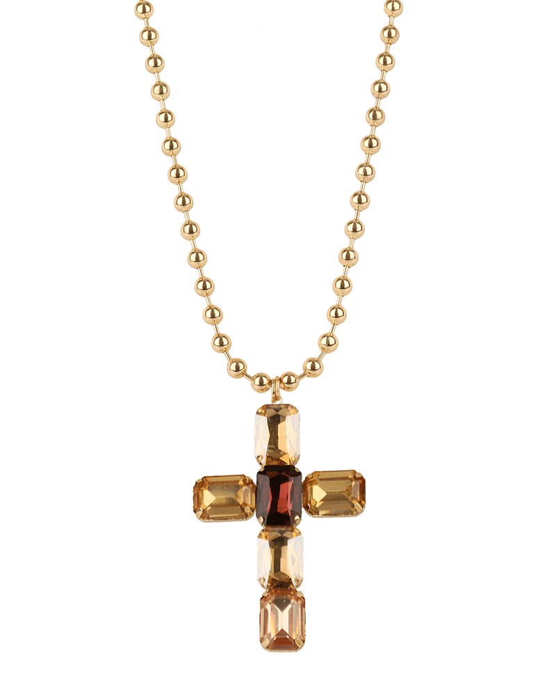 Rhinestone Cross Ball Chain Necklace - 16"