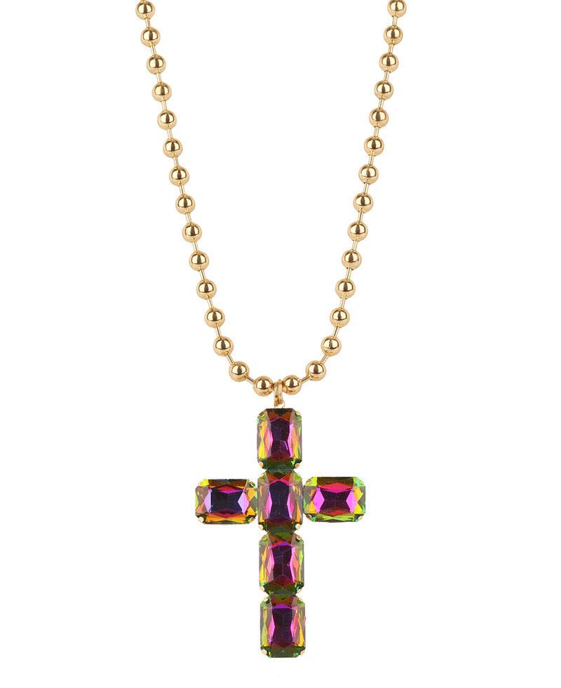 Rhinestone Cross Ball Chain Necklace - 16"