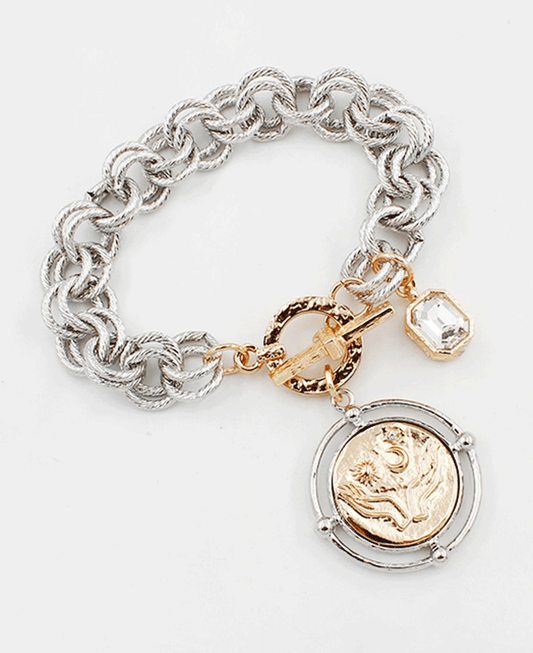 Coin Charm Accent Layered Chain Toggle Bracelet