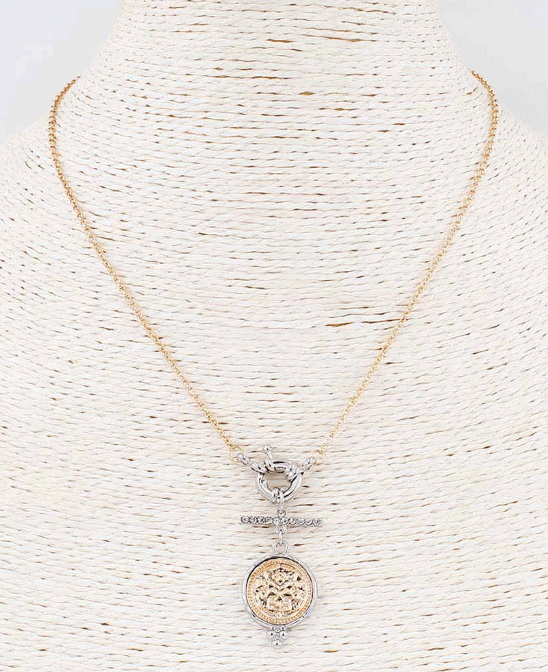 Two Tone Metal Coin Toggle Necklace